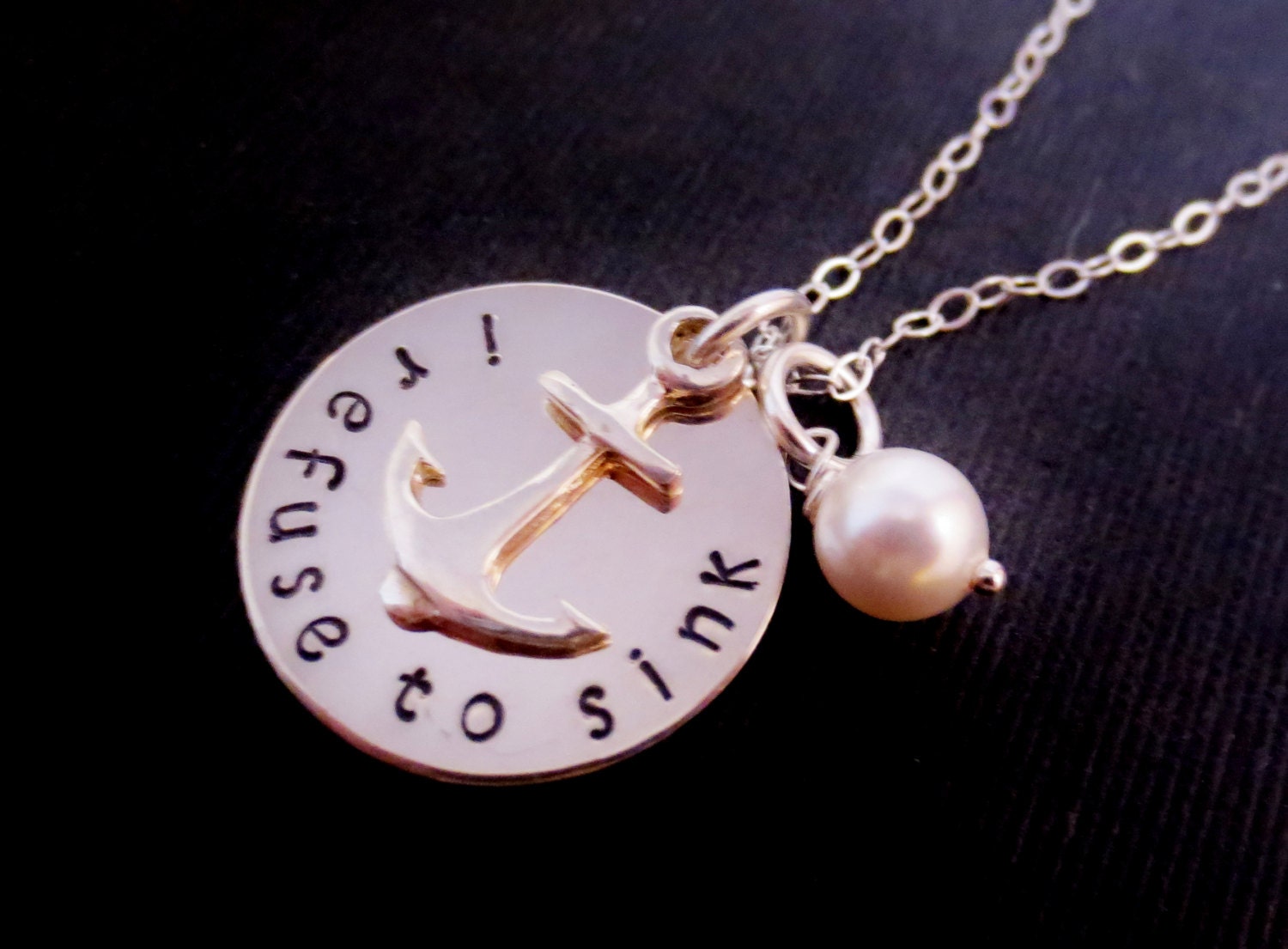 I Refuse to Sink, Personalized Anchor Sterling Silver Handstamped Disc, Word Name Quote Phrase, Inspirational, Daughter Mom, Mothers Day