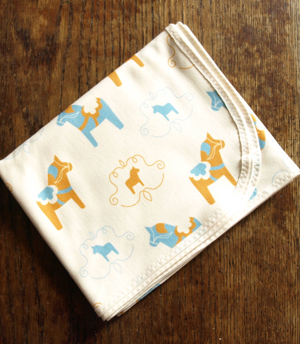 Swedish Dala Horses in Blue and Yellow Baby Blanket in Organic Jersey Cotton