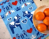 Blue & Red Swedish Dala Horse Kitchen Hand Towel in Linen Cotton
