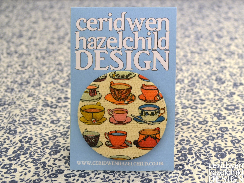 Big Fabric Pin Badge - Vintage Teacups and Saucers Illustration
