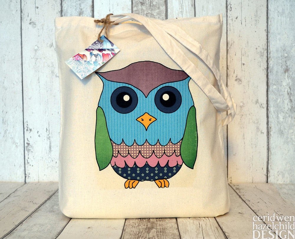 Patchwork Owl Illustration Eco Cotton Tote Bag
