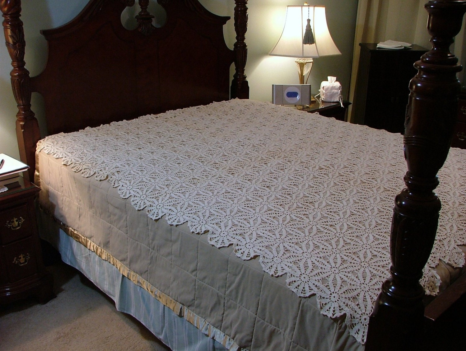 Handmade Crochet Tablecloth or Bedspread White 60 x 82