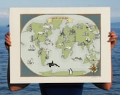 World Map - Whimsical - Nursery - Kid's Art Print - 18x24"