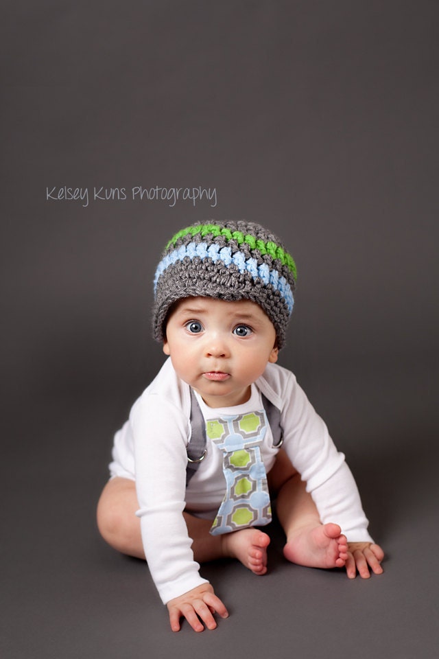 Get The Set - Baby Boy Lime Green, Blue, and Grey Tie Onesie or Shirt with Suspenders and Visor Crocheted Hat