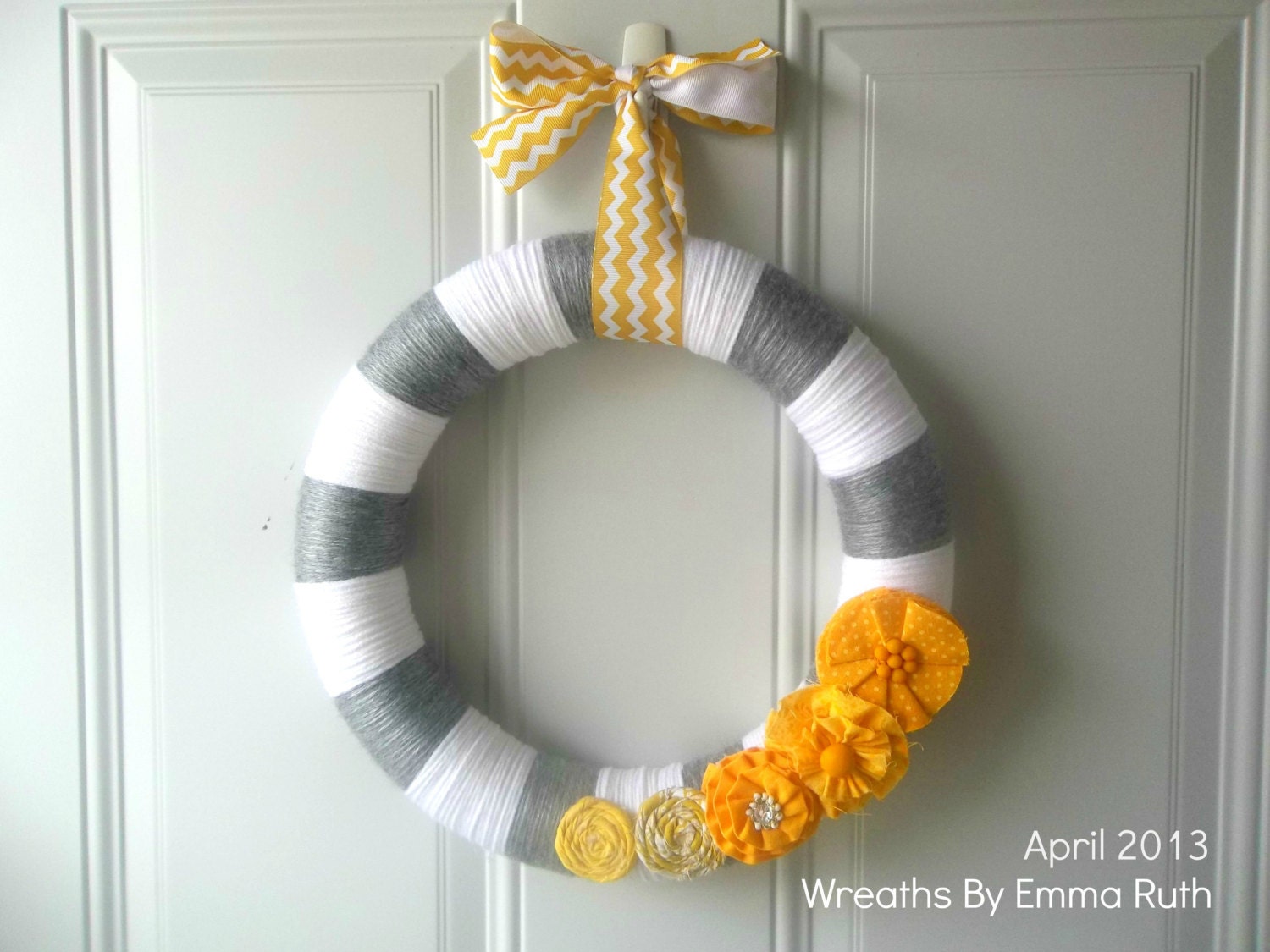 Sunny Yellow and Gray Yarn Wreath with Chevron Ribbon and Yellow Flowers