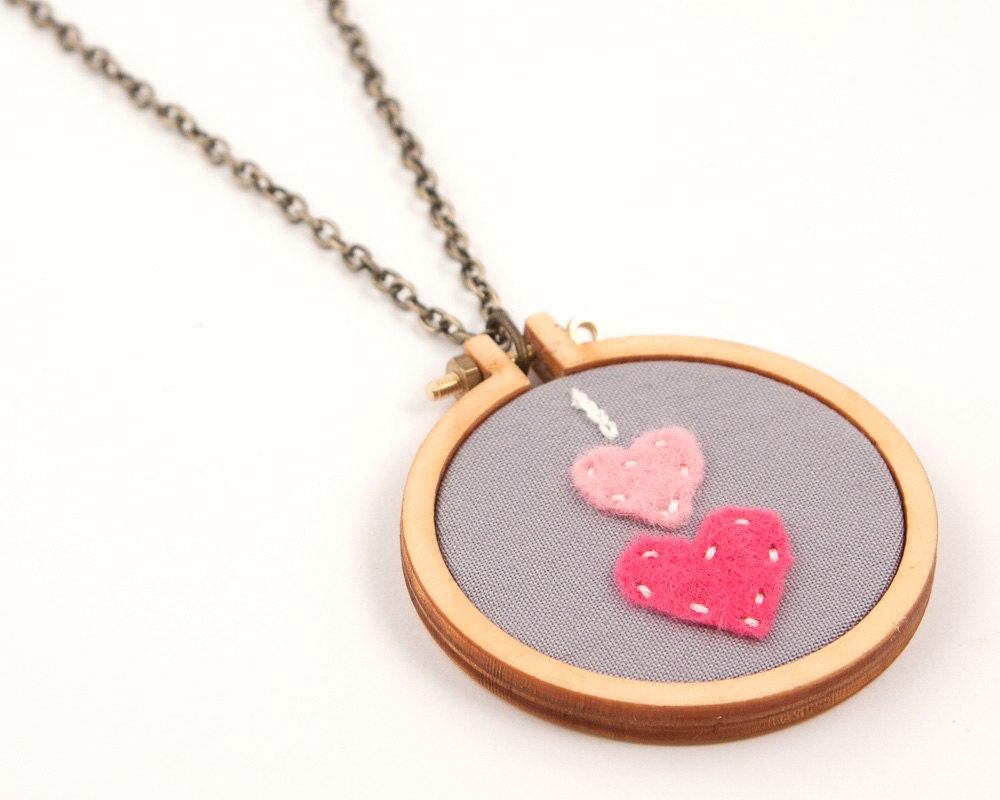 I LOVE LOVE embroidery hoop necklace - hearts, red, pink, blue, purple, coral - made with love by dandelyne