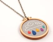 Rainbow drops cloud embroidered necklace - red, navy, orange, purple and green raindrops - made with love by dandelyne