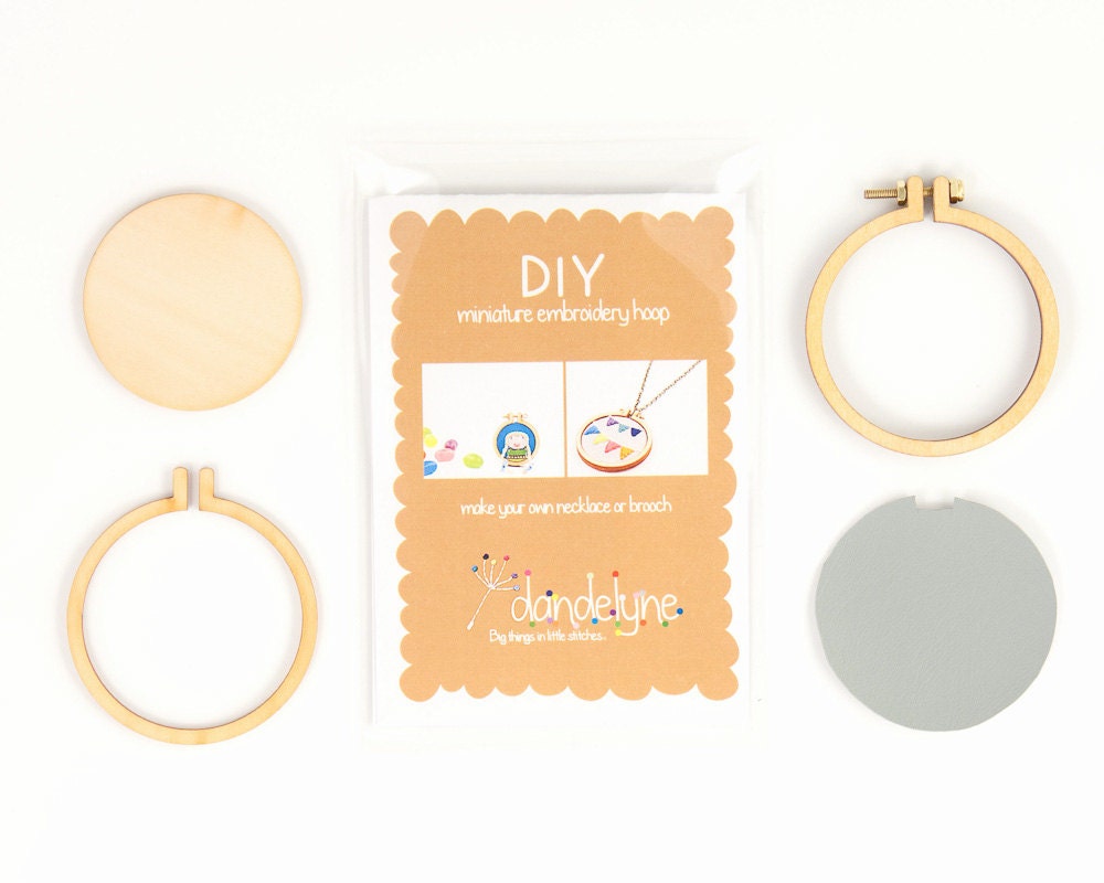 Miniature embroidery hoop DIY kit - 5.5cm/2.2" hoop - make a necklace or brooch - unique Dandelyne miniature hoop
