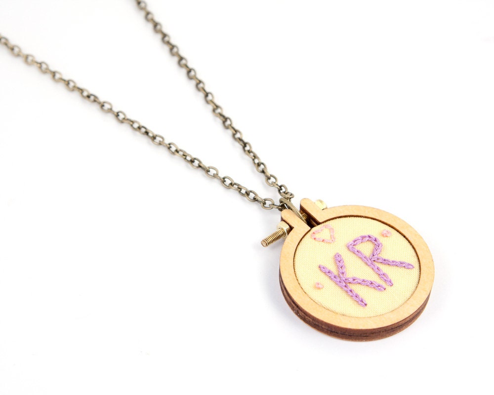 Customised embroidered initial necklace - lemon, lilac, pink - personalised in a miniature embroidery hoop - made with love by dandelyne