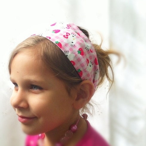 Little Girls HEADBAND // Hello Kitty Hair Accessory // pink plaid red strawberries // wide fabric hairband