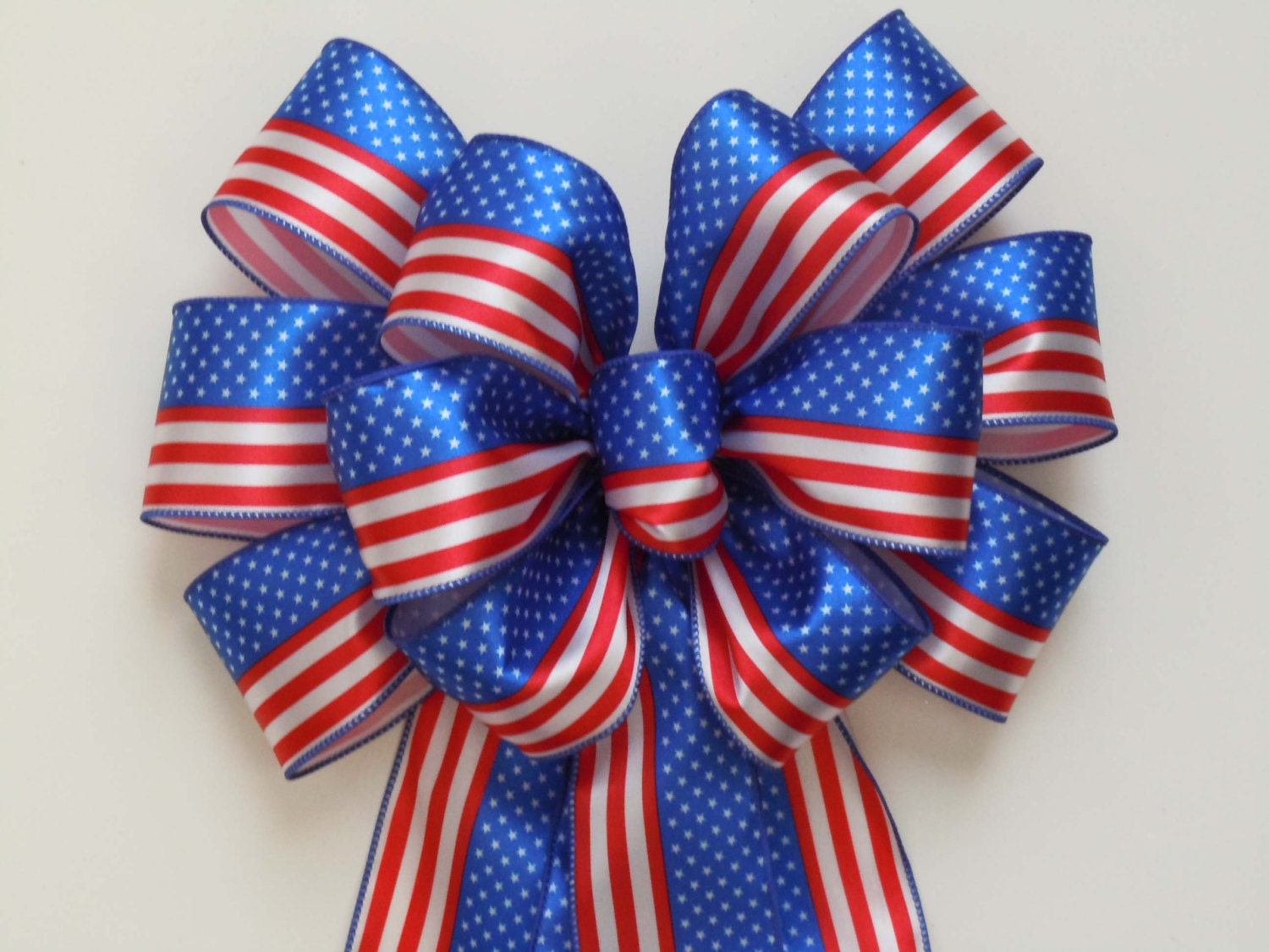 Handmade Red White Blue Patriotic Bow American Flag XLarge Bow July 4th Independence Memorial Day Veterans Day Party Decoration