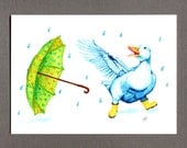 Dancing Duck With Umbrella Greeting Card, 5x7 Frameable Art Illustration