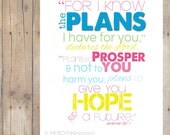 JEREMIAH 29:11 Faith Print - Wall Art - Christian Nursery Scripture Art for Baby Girl Teen Tween Room Decor BRIGHT COLORS