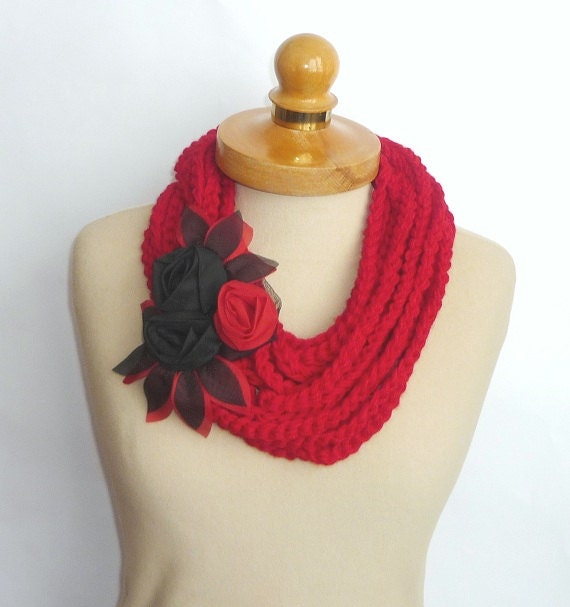 Red Infinity Scarf , Crochet Necklace, Red color, scarflette, gift under 30,   Red and black color Satin Flower