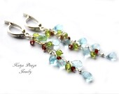 Reserved Earrings long chain, blue topaz, garnet, peridot, sterling silver