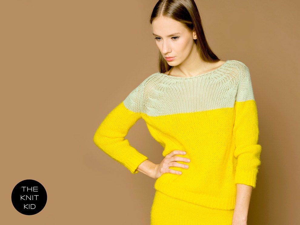 knitted raglan sweater yellow pale green color block colour merino theknitkid THE KNIT KID