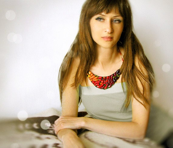 Statement Necklace Happy Vegetables, ombre jewelry, red and orange, chunky necklace, bib necklace, red, vegetables fashion