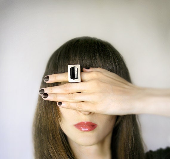 Gemstone geometric wooden Ring with Black Tourmaline, coctail statement ring, gemstone jewelry, black ang beige, geometric minimalist