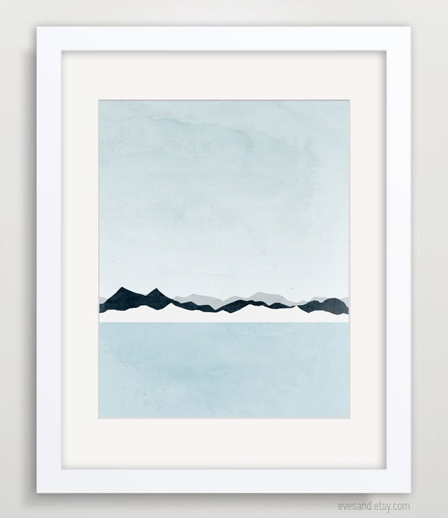 Mountains Abstract Landscape, Minimalist Poster, Blue Grey, Ocean Art, Seascape