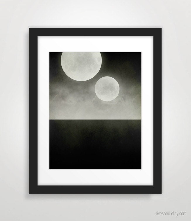 Black and White Art, Two Moons, Minimalist Science Fiction Poster, Surreal Art, Space Art, Whimsical Art