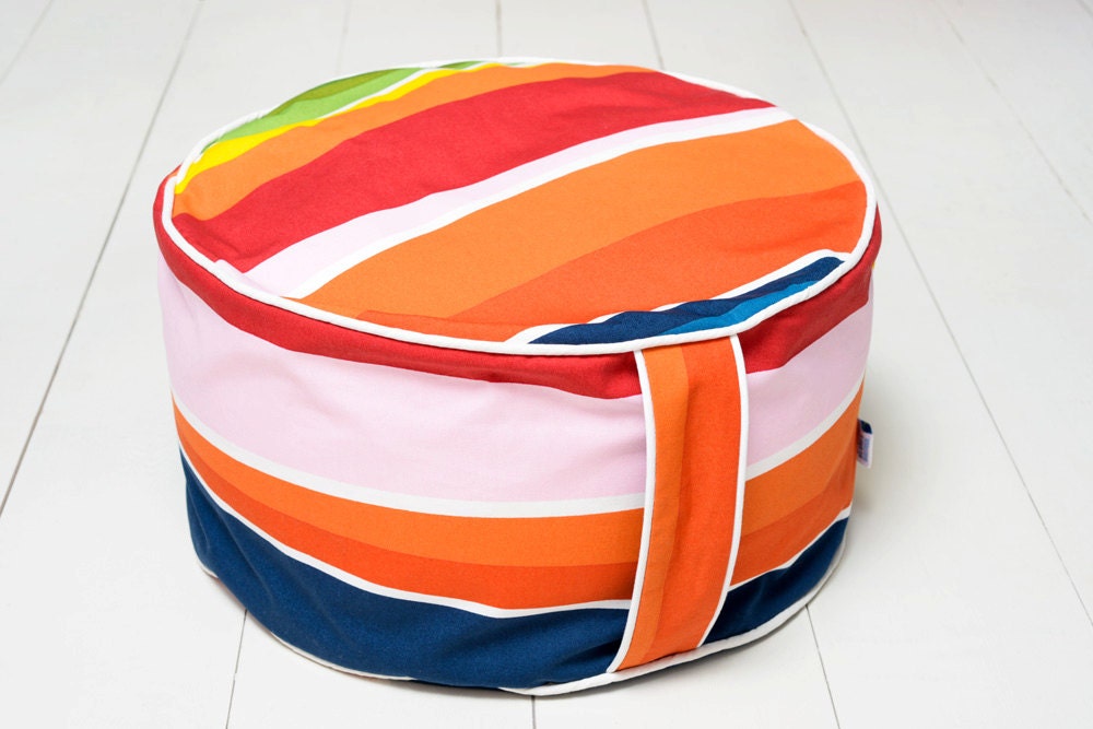 Round Floor Cushion with Handle - Sturdy Cotton Fabric - Outdoor Cushion -  Bright Stripes
