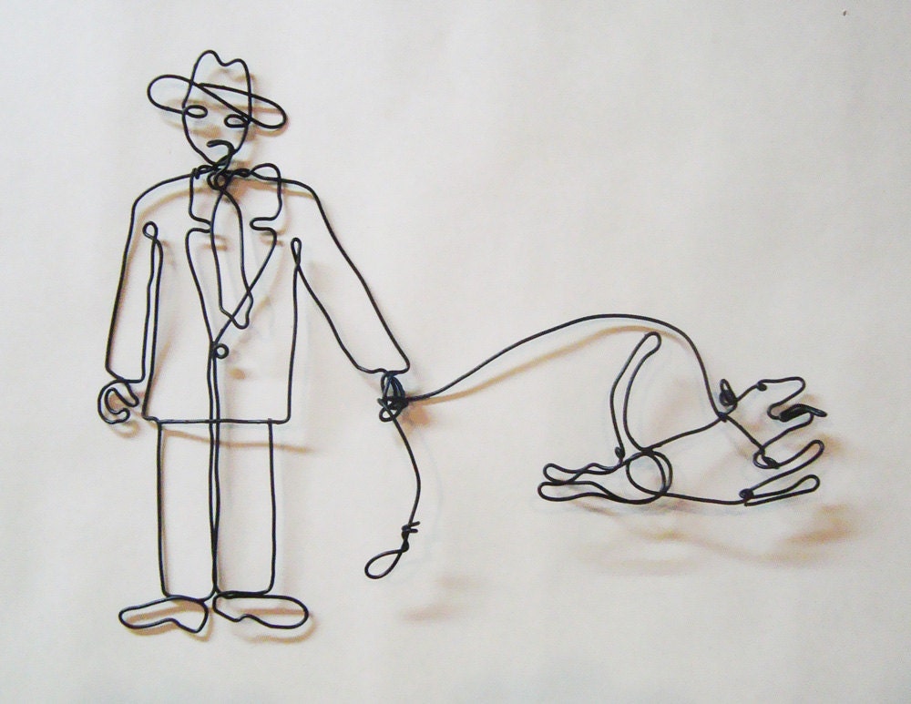 Grumpy Man Happy Dog  Wire Sculpture