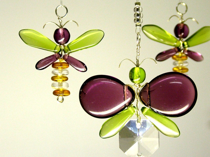 Butterfly Mobile, Crystal Suncatcher, Children Mobile, Purple Butterfly, Butterfly Ornament, Glass Suncatcher Decoration, Purple, Green