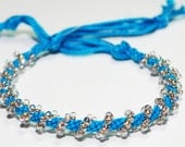 Kumihimo Bracelet Teal Cotton Transparent Clear Beaded Fiber Jewelry