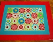 flower floorcloth with pink, blue, green, white whimsical flowers, canvas art for your floor