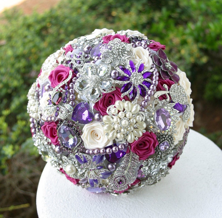 Pink and Purple Wedding Brooch Bouquet. Deposit on made to order Heirloom Bridal Broach Bouquet