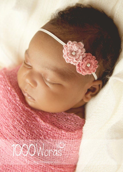Coral pink peach guava Crochet flower baby stretch elastic hairband headband with pearl mum rose dahlia photo prop newborn infant bamboo