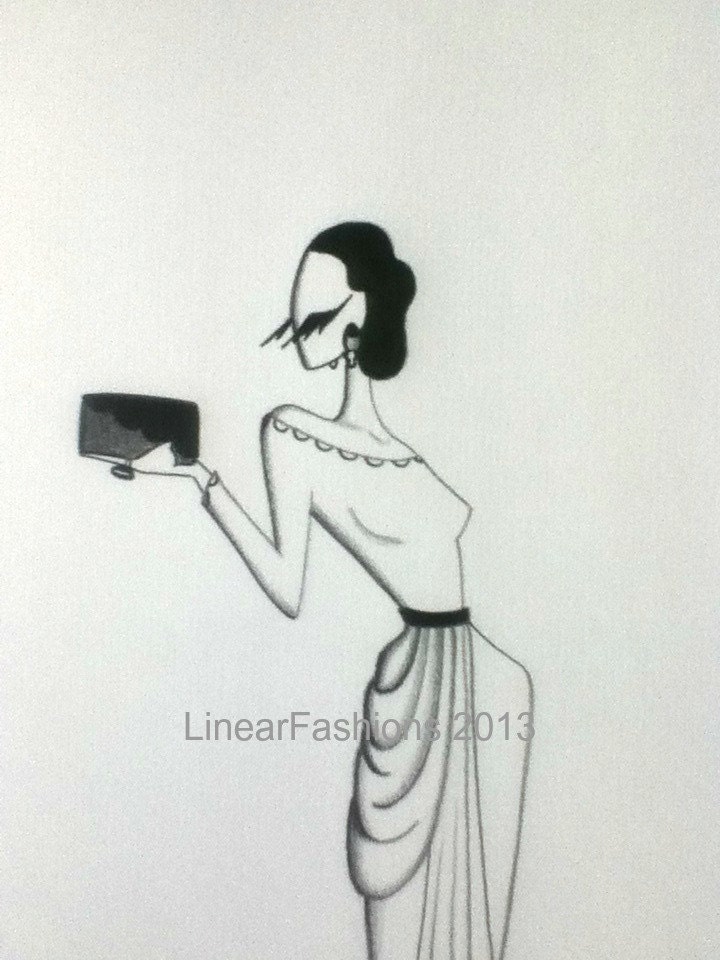 Film Noir, Fashion Illustration, Original Pencil Drawing, 1940s White Draped Evening Gown, Art Gift