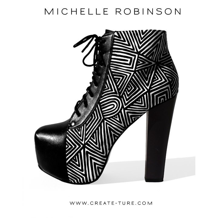 Hand Painted Shoes By Michelle Robinson -  "Bang Bang" - Platform Bootie - Black and White Triangle Design - Brown/Grey Heel
