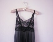 Vintage asymmetrical sheer black lace slip
