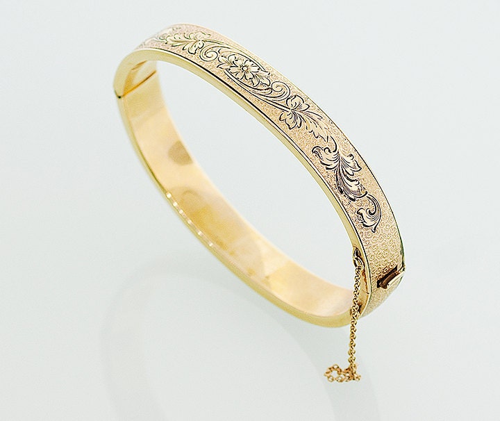 Antique Victorian Gold Bangle with Floral Etching and Black Enamel Inlay