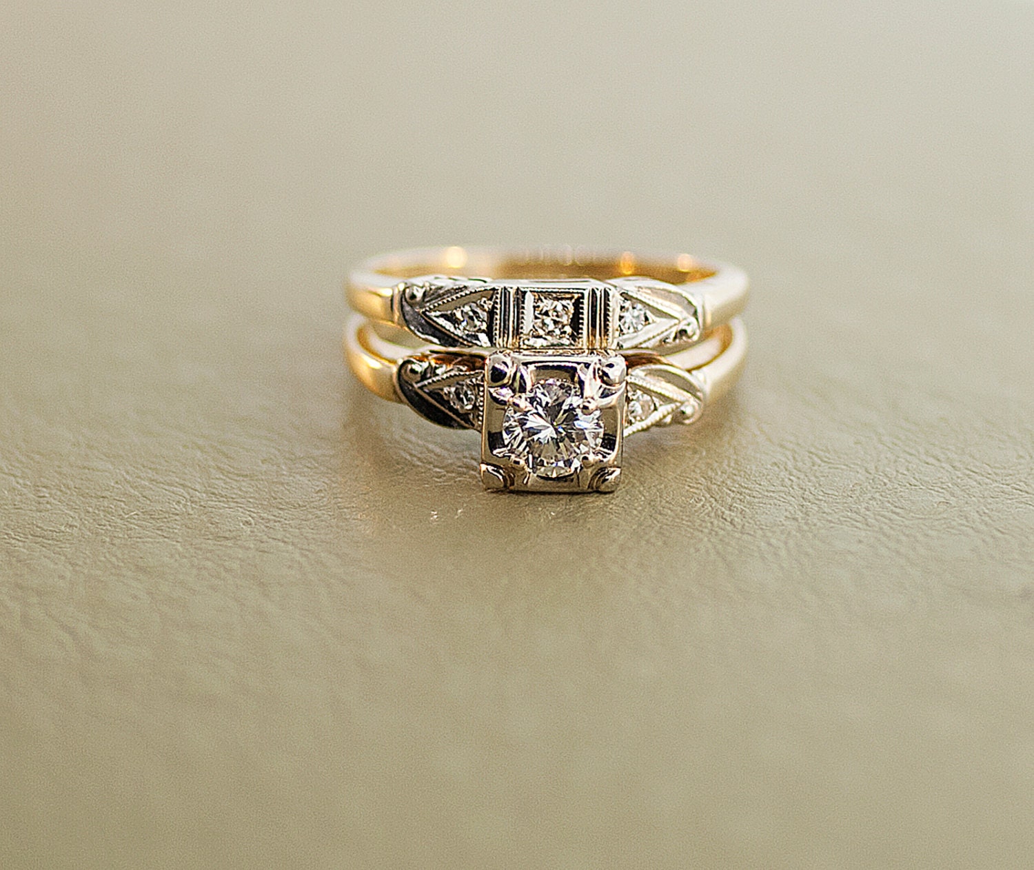 Antique 14k Yellow and White Gold Diamond Wedding Set