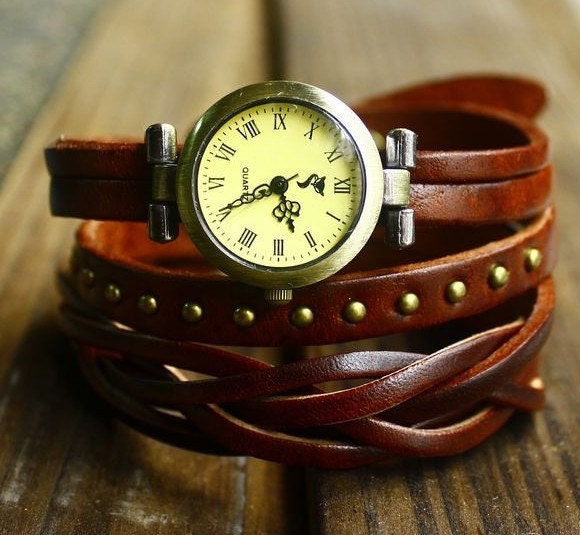 Vintage Style Chocolate Leather Bracelet  Wrap Watch, Rivet Bracelet Watch Handmade Women's Watch, Everyday Bracelet  PB012