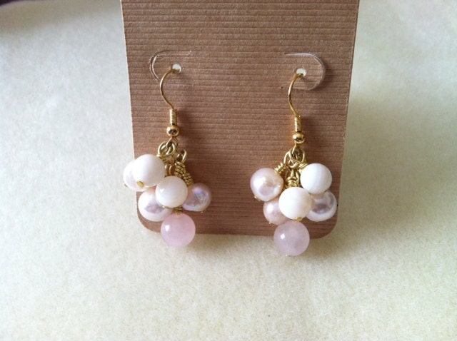 Soft Pink Freshwater Pearl and Shell Earring Cluster with Gold Hooks