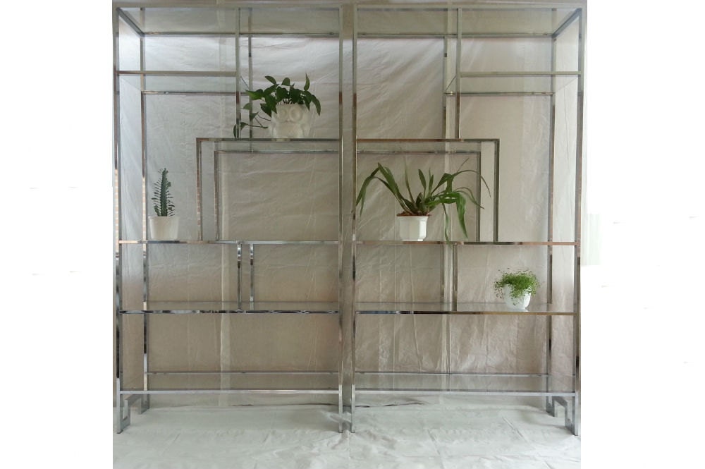 RESERVED FOR NATALIE (one of two) Milo Baughman Chrome Etagere Shelving Unit Pair Mid Century Modern