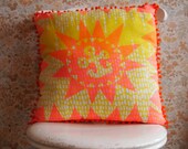 Double sided Hand Screen Printed Cushion in Linen with orange Pom Poms