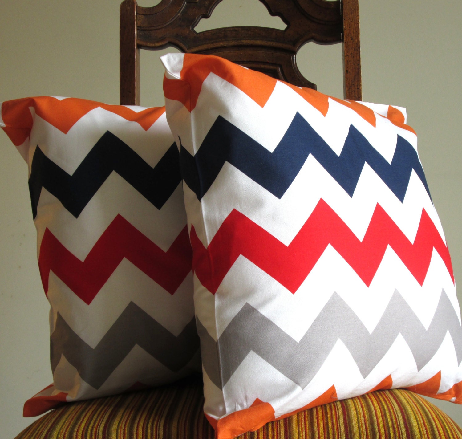 DECORATIVE PILLOW throw Red Grey Orange Navy Blue18 x 18 modern bold White zig zag Riley Blake cotton TWO