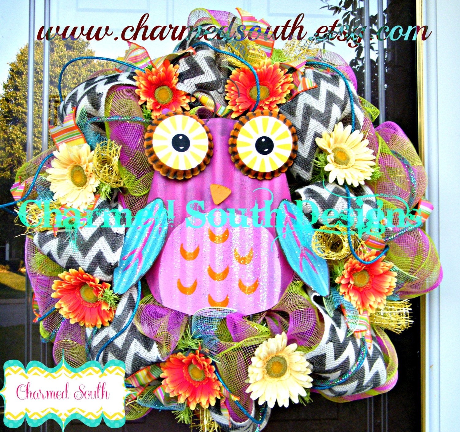 Hot pink and Lime Summer Owl Deco Mesh Wreath, Owl Decor, Front door decor