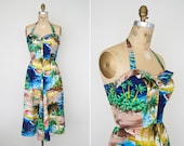 vintage 50s Hawaiian dress // 1950s Hale Hawaii dress // tropical print dress // halter dress