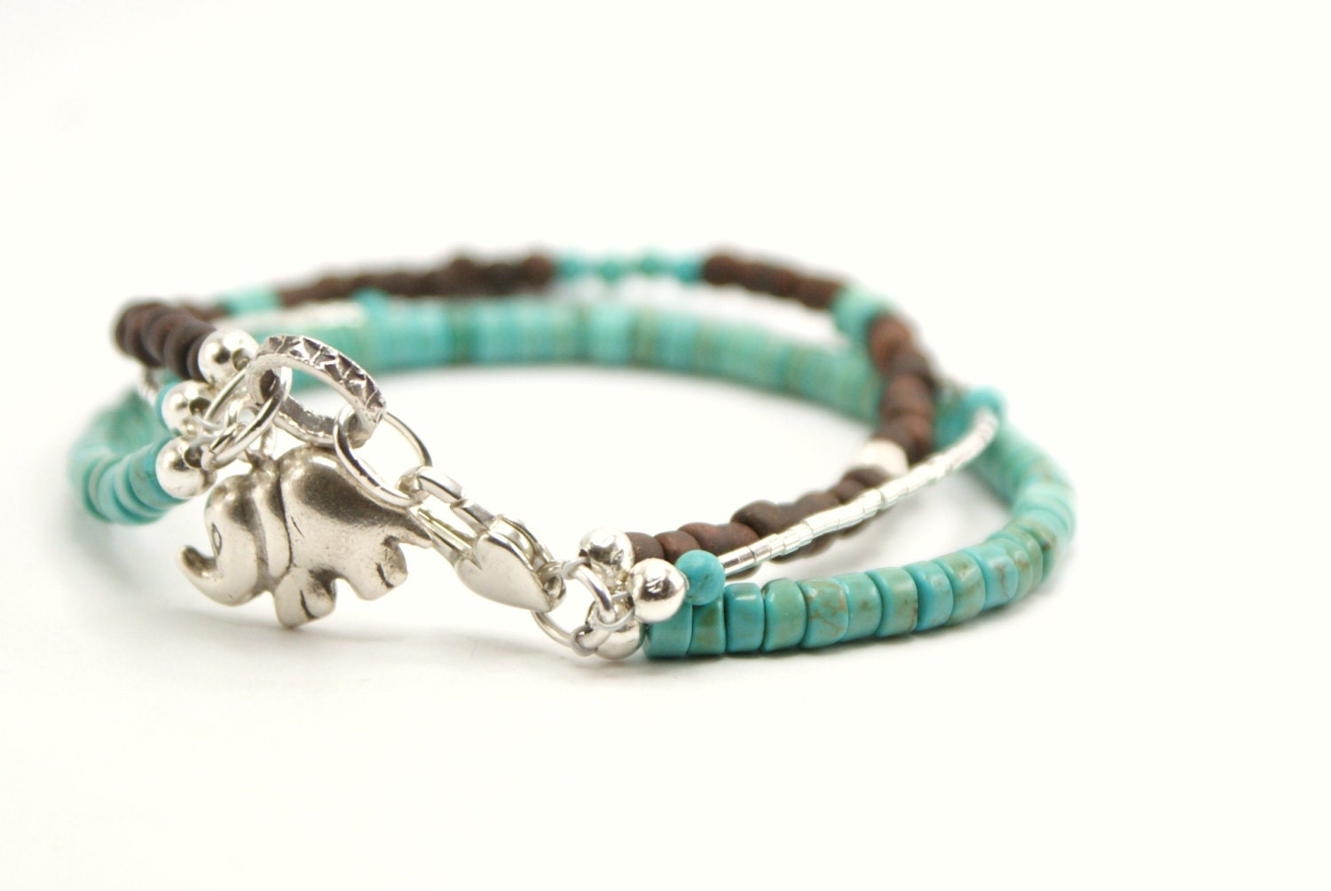 Boho beaded bracelet - Lucky Elephant Charm - 3 x strand bracelet -Turquoise jewelry - Surfer beach chic - lucky jewelry - Gift for her