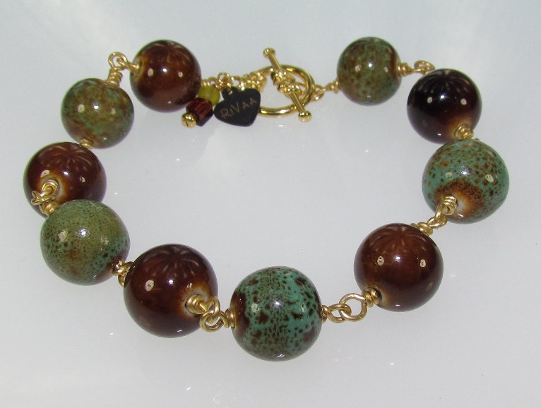 Honey and Teal Porcelain Beads Link Bracelet