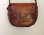 Leather Boho Bag // Cross Body Hippie Bag // Brown Tooled Leather Purse // 1970s // 1960s
