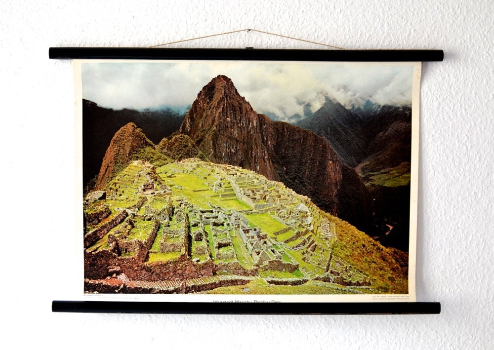 Vintage school Macchu Picchu Peru pull down chart map  geography West German print