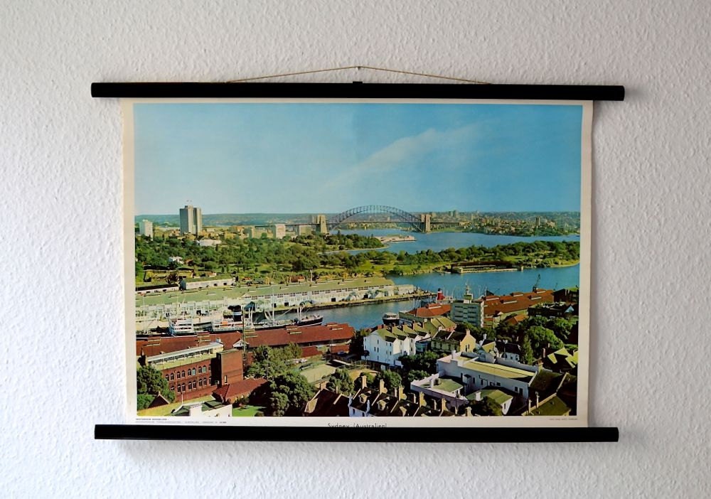 Vintage Sydney Australia school pull down chart map landscape geography West German print