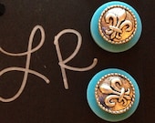 Fleur De Lis silver Button Earrings with Teal Back