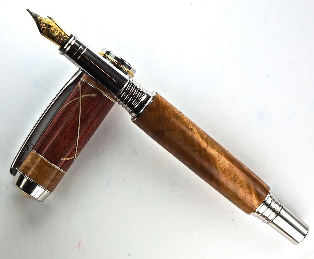 Handcrafted Wooden Pen Fountain Pen Maple Burl with Bloodwood  aluminum and wood accentsRhodium with Gold Titanium Hardware 441FPA